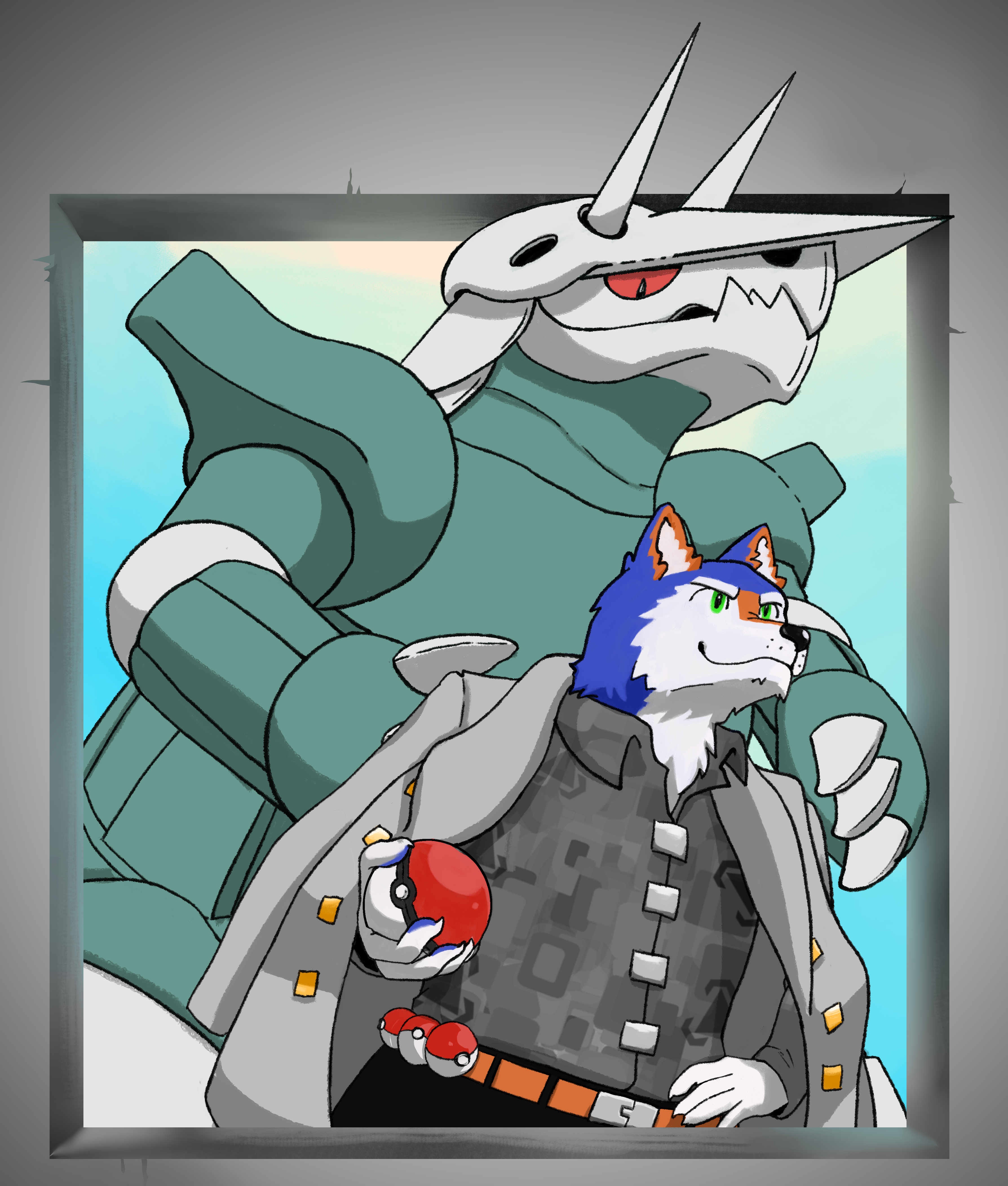 Wolf character standing in front of pokemon edit later